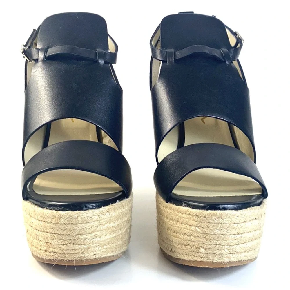 Ouigal Anthropologie Leather Woven Straw Platform Wedge Sandals
